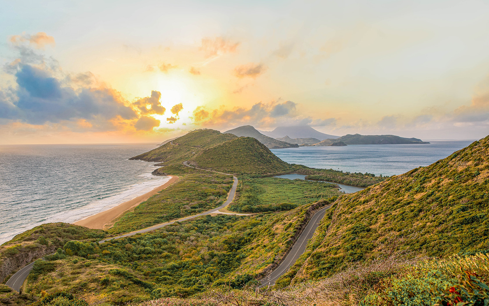 view of beach and hills